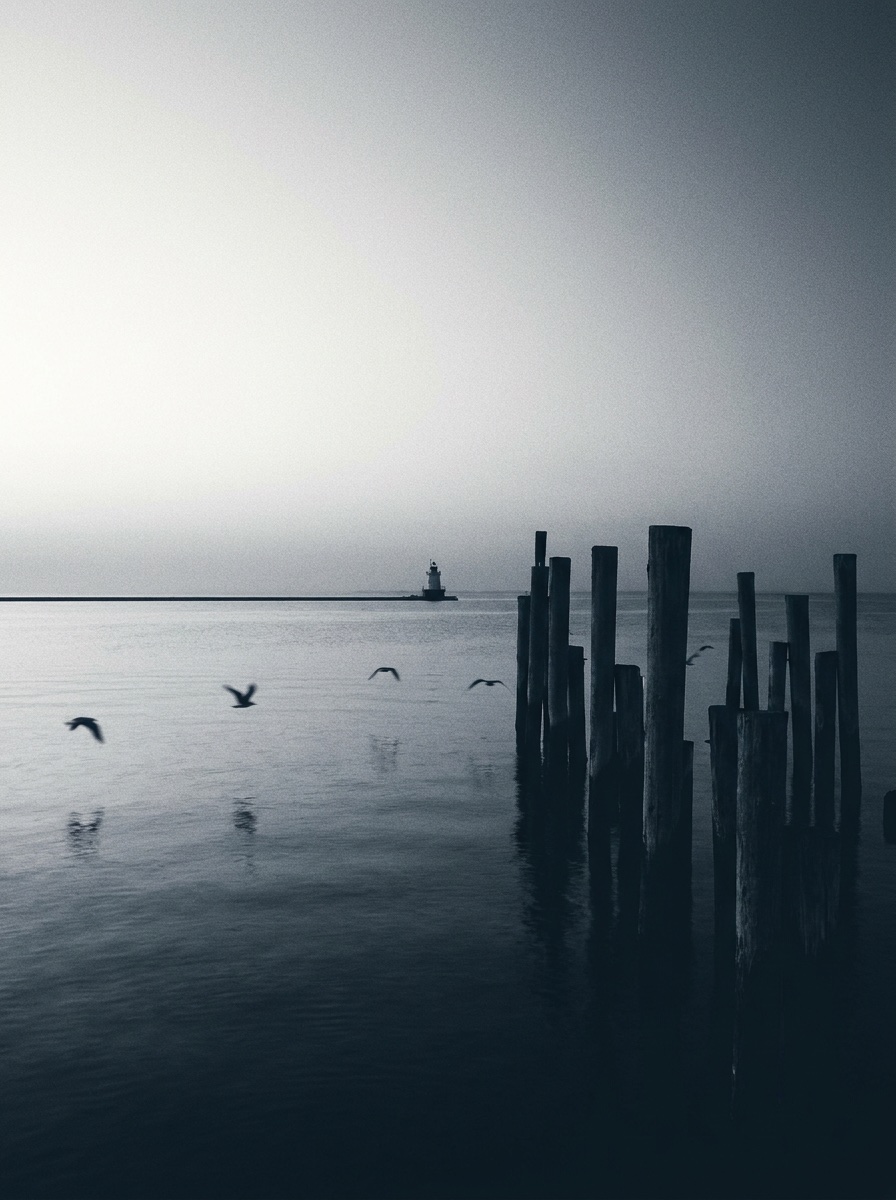 The Great South Bay at dawn, dock pilings and a distant lighthouse in navy duotone