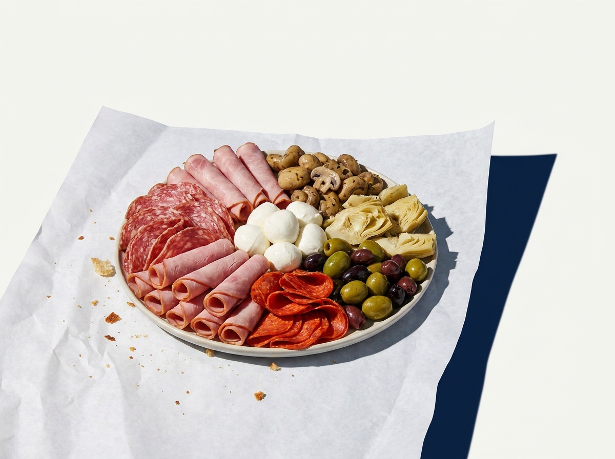 An antipasto platter with cold cuts, mozzarella and olives