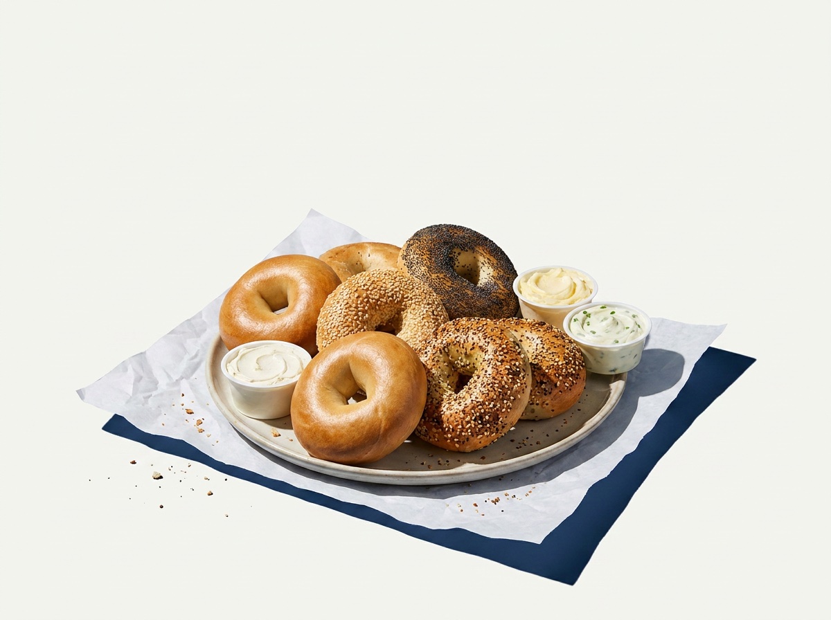 A platter of assorted fresh baked bagels with cream cheese