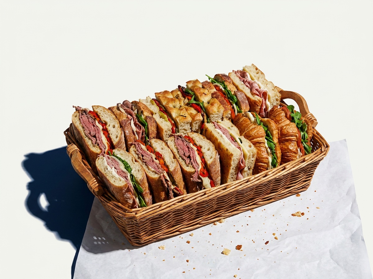 A wicker basket of assorted gourmet sandwiches