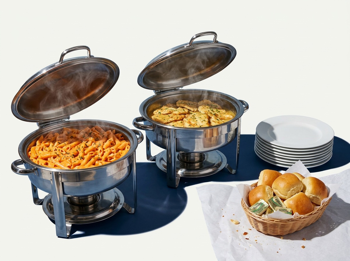 Open chafing dishes with pasta and chicken at a buffet