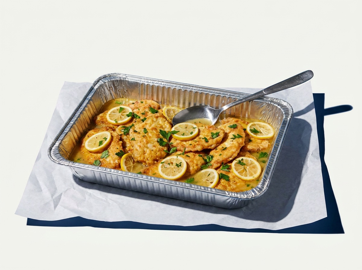 A catering tray of chicken francese with lemon