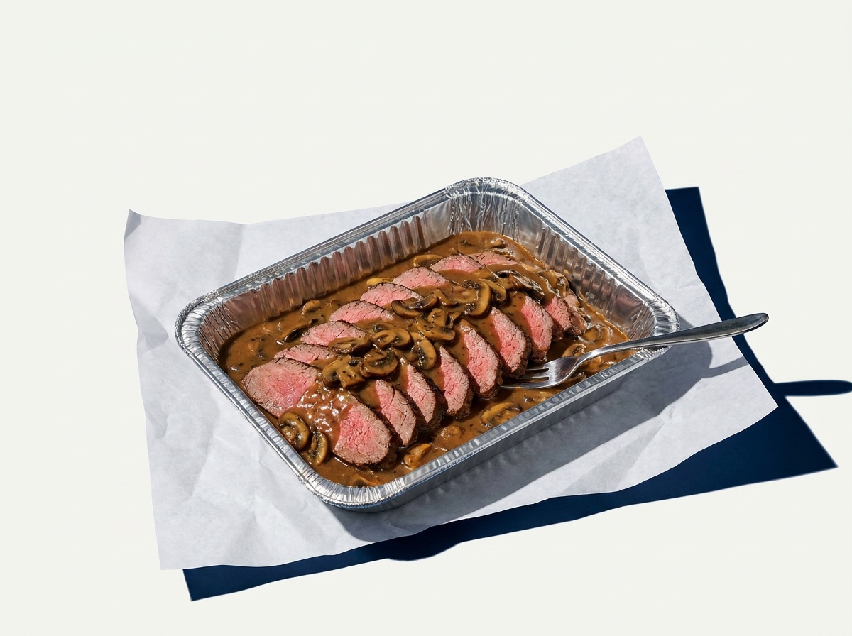 A catering tray of sliced London broil in mushroom gravy