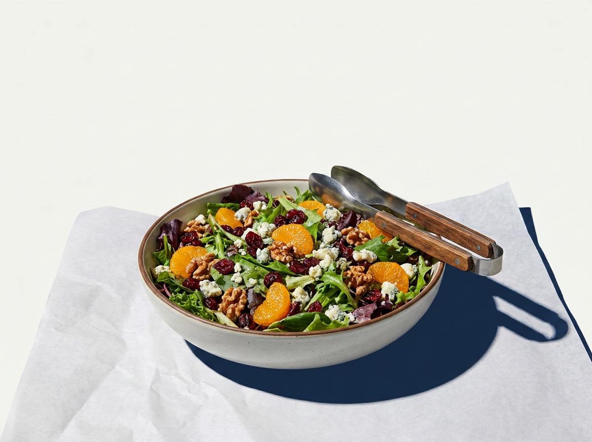 A serving bowl of deluxe mesculine salad with cranberries and walnuts