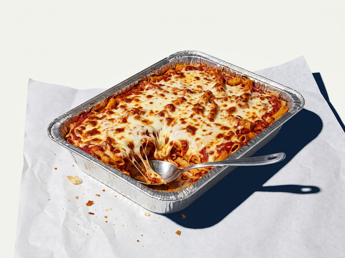 A catering tray of baked ziti with browned mozzarella