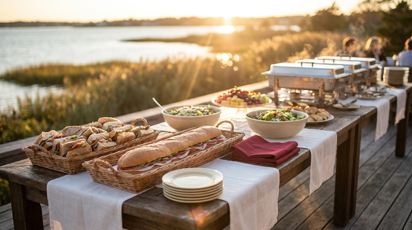 A catering table set with baskets of sandwiches, salads and chafing dishes at golden hour by the bay