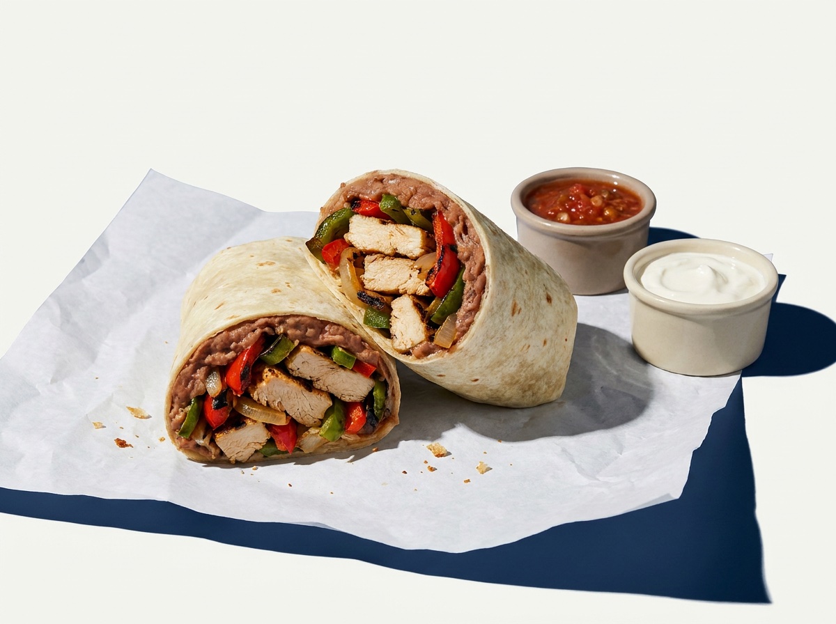 Chicken Burrito: Grilled chicken, peppers, onions and refried beans with salsa and sour cream
