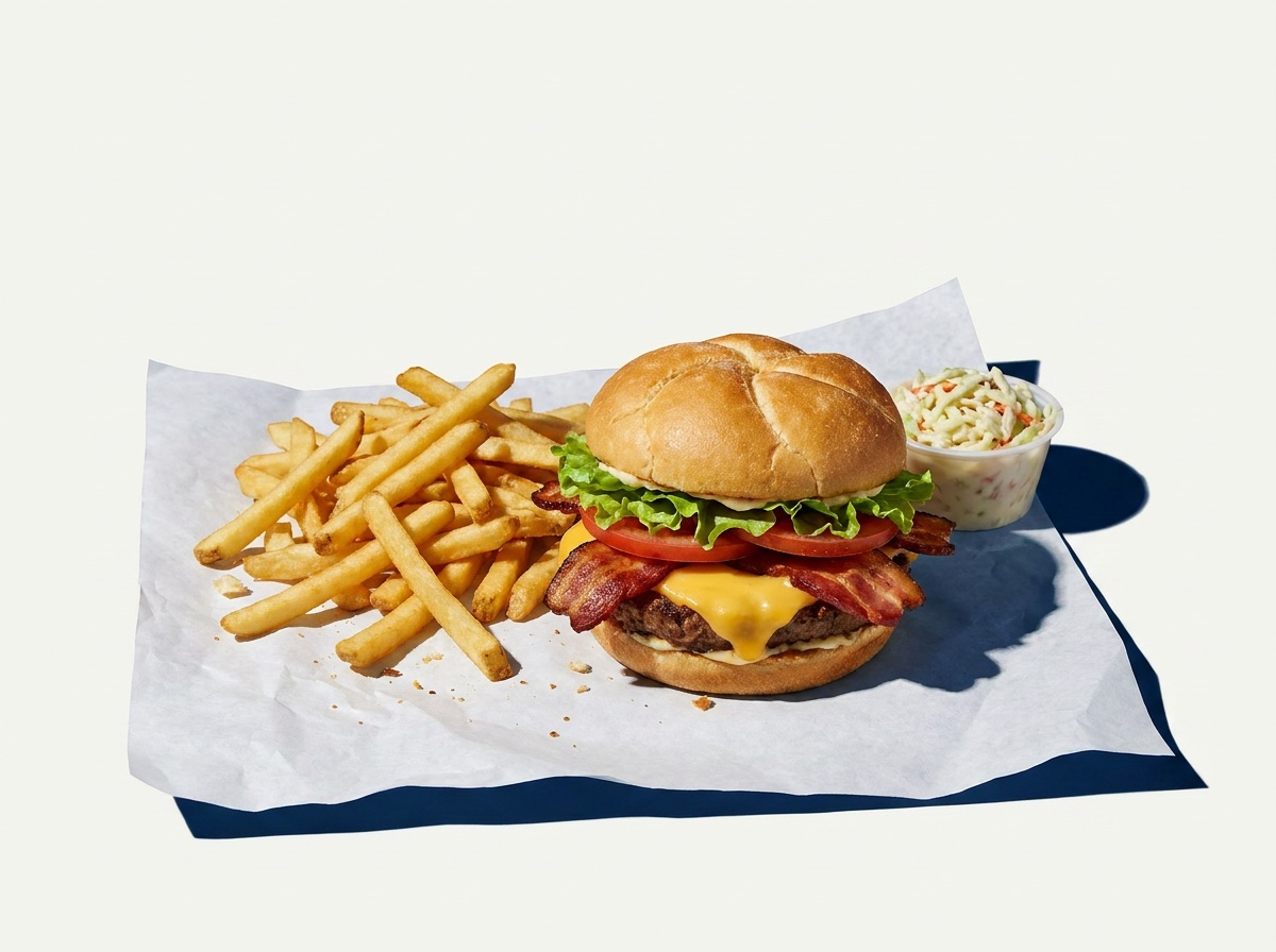 Bacon Cheeseburger Deluxe: 8 oz. burger with french fries, cole slaw, lettuce and tomato