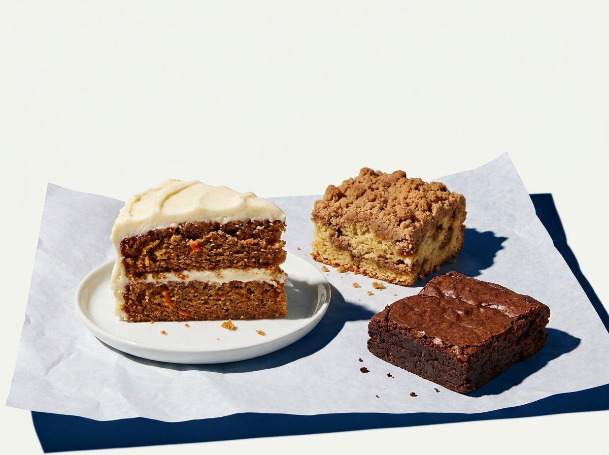 A slice of homemade carrot cake with crumb cake and a brownie