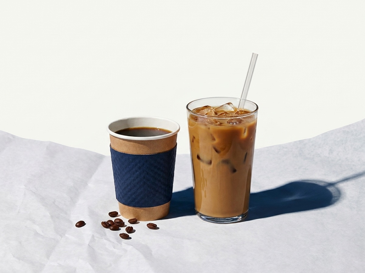 A hot coffee in a navy-sleeved cup next to an iced coffee