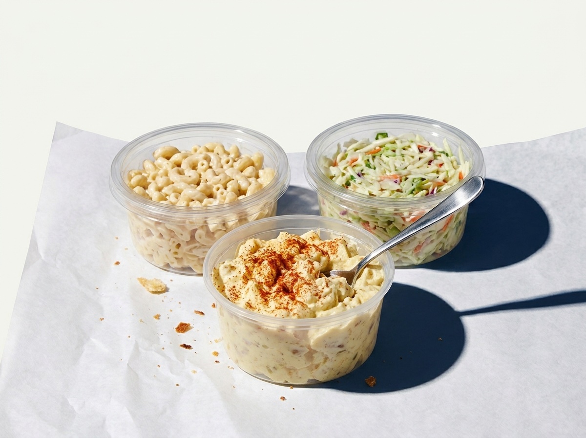 Deli containers of potato salad, macaroni salad and cole slaw