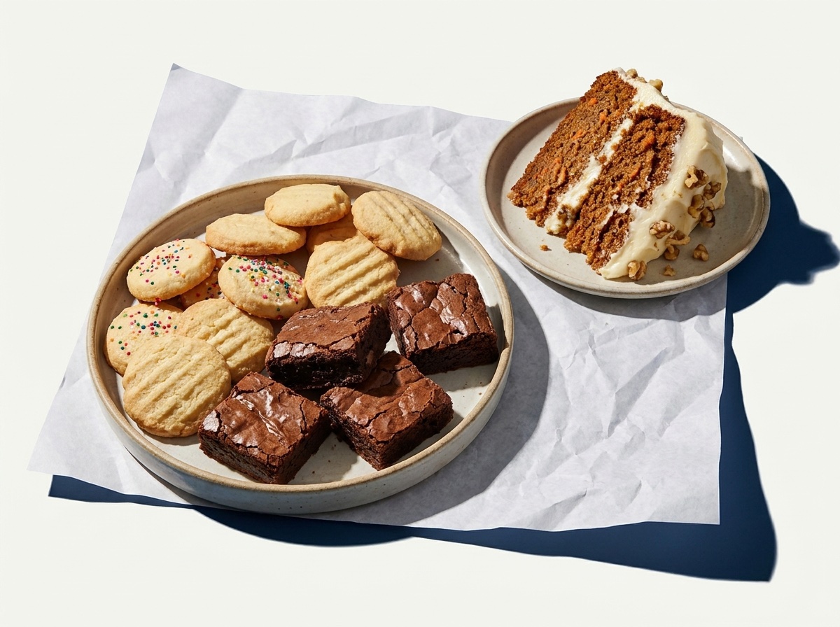 Butter cookies, brownies and carrot cake on a dessert platter