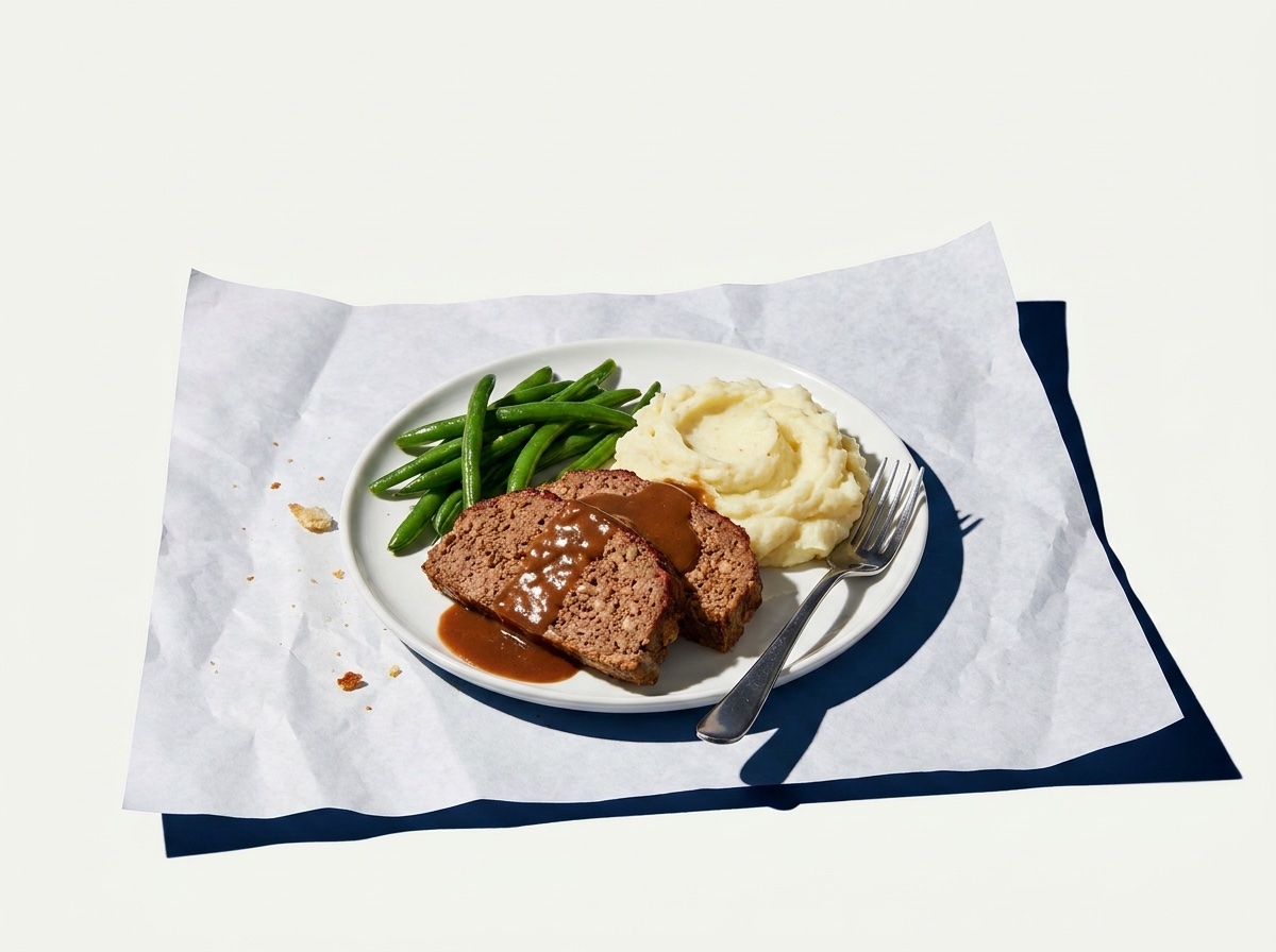 Meatloaf with gravy, mashed potatoes and green beans