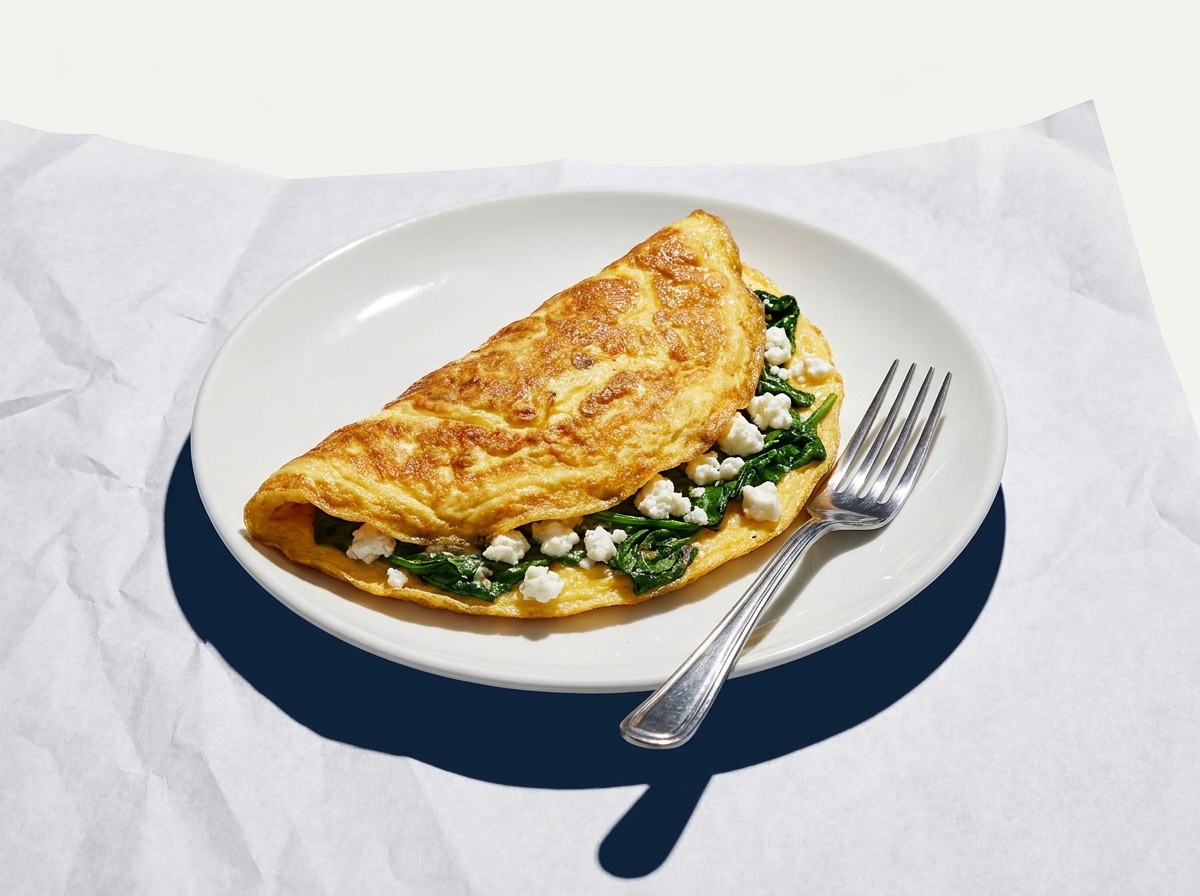 Greek Omelet: Three eggs folded over feta and spinach