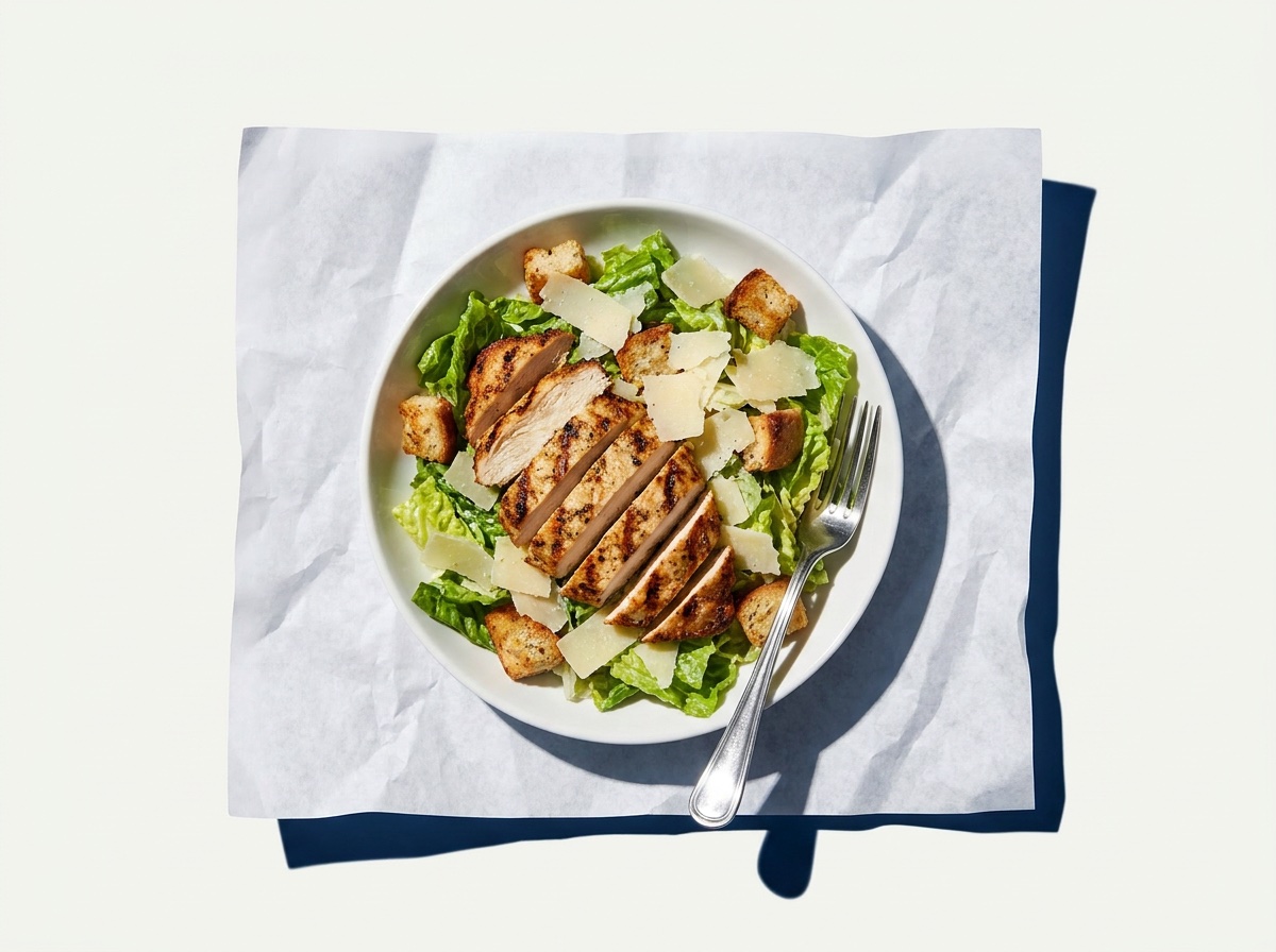 Grilled chicken caesar salad in a white bowl