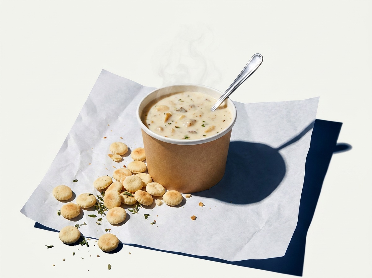 A cup of New England clam chowder with oyster crackers