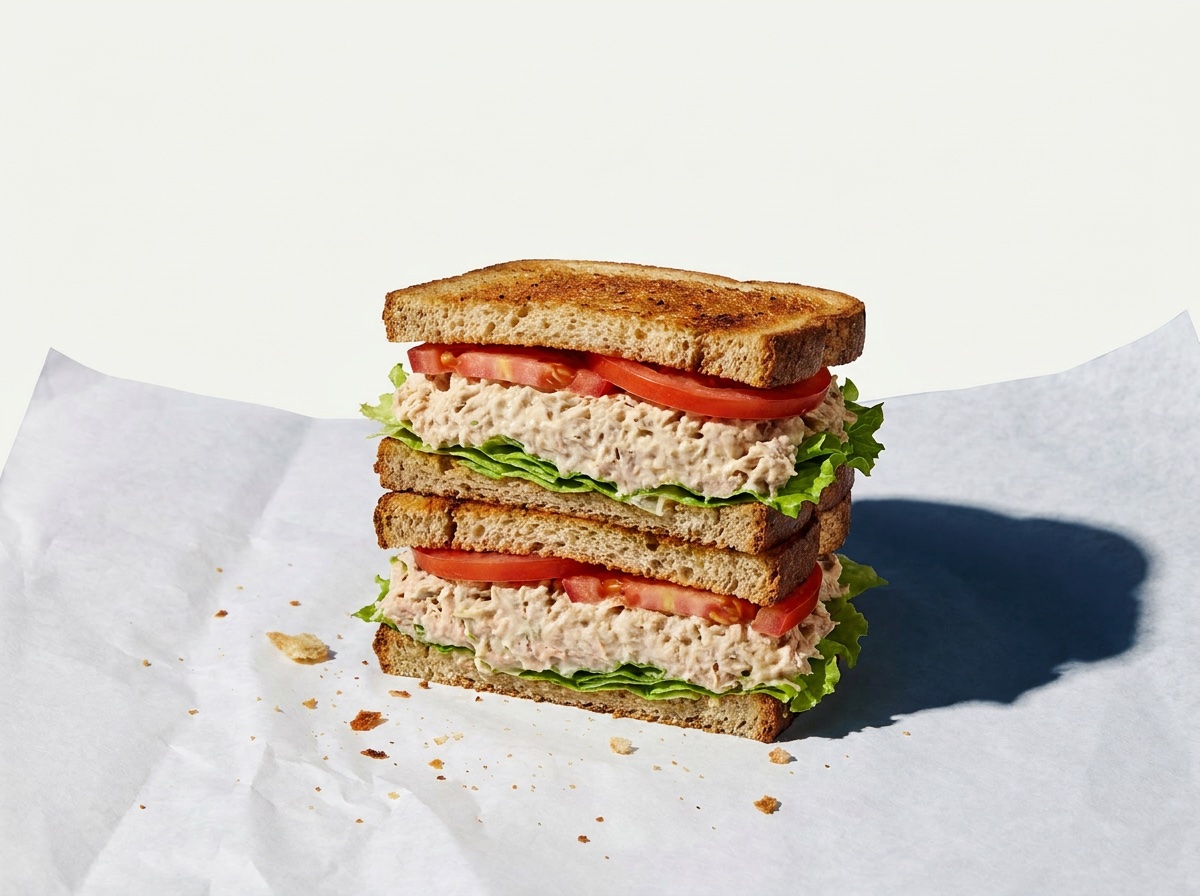 Tuna salad sandwich on rye with lettuce and tomato