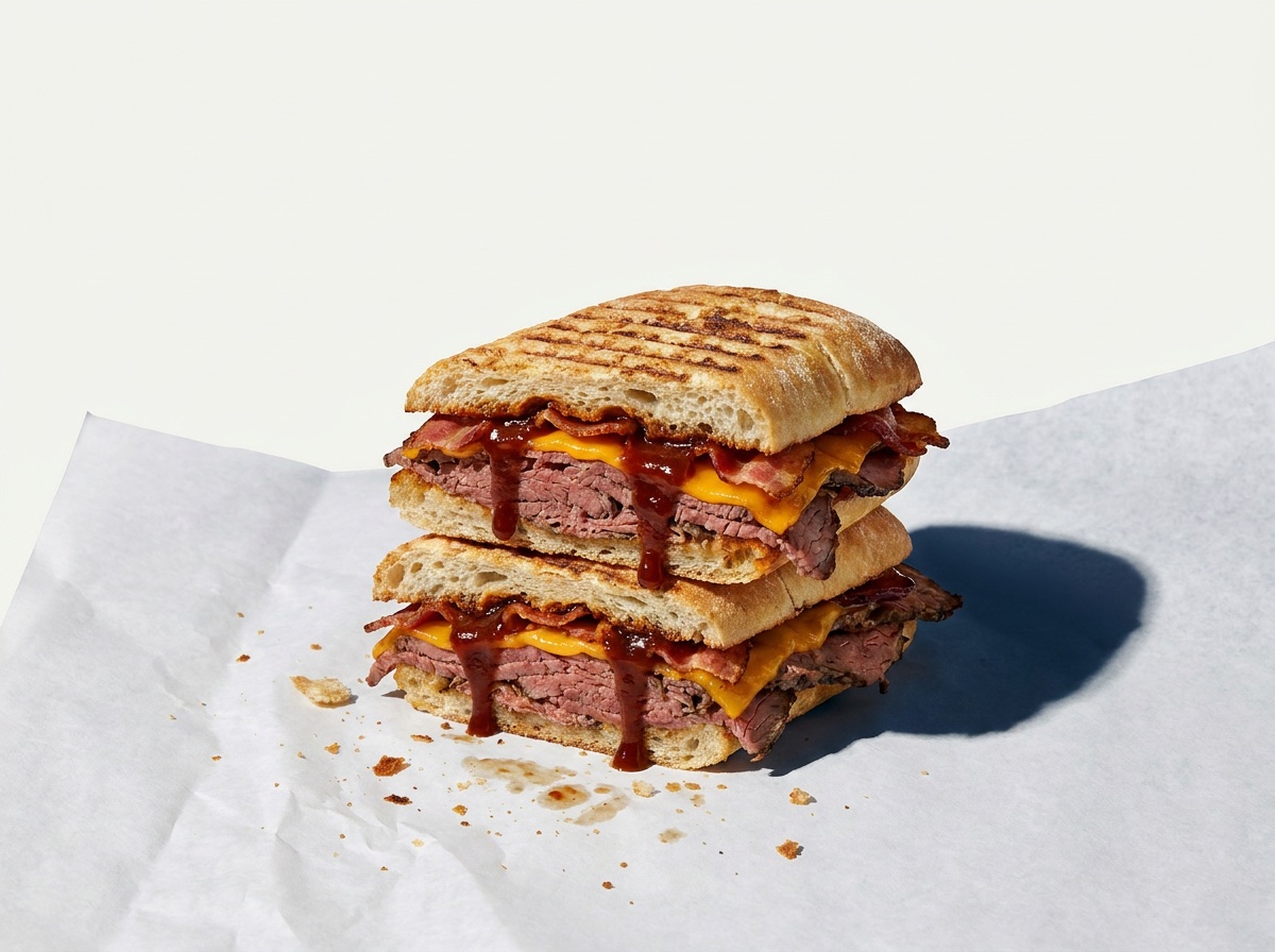 BBQ Beef: Roast beef, bacon, cheddar and BBQ sauce, hot off the press