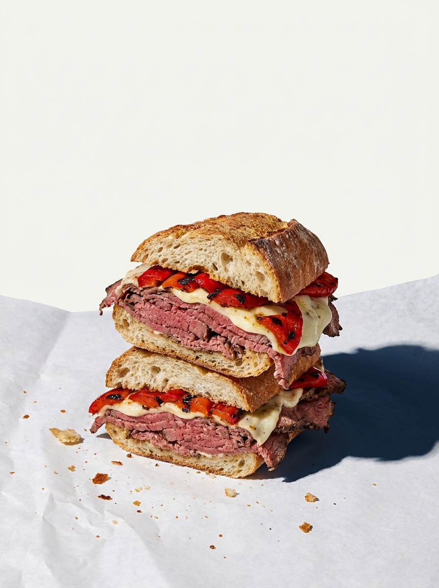 Manhattan: Hot roast beef, melted mozzarella and roasted peppers on a garlic hero