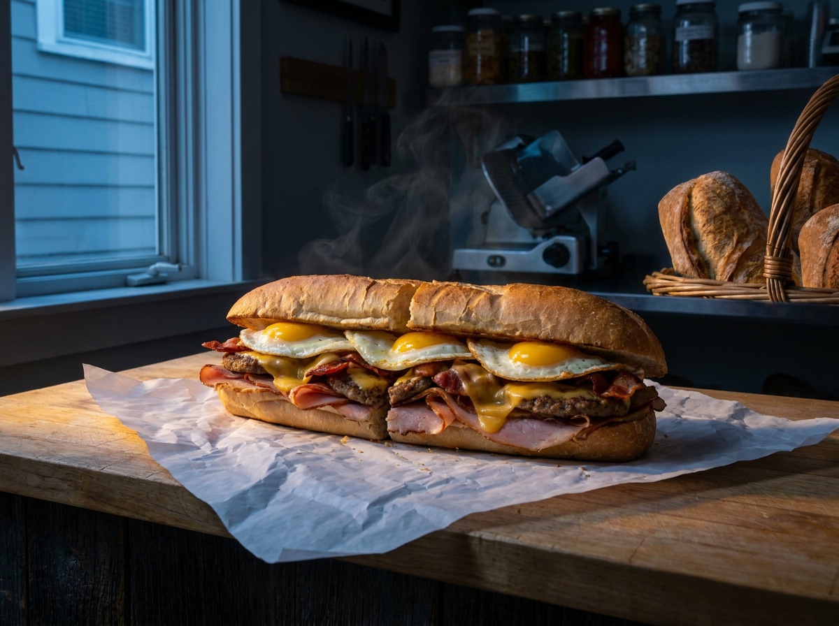 The Brothers Hungry Man breakfast hero with eggs, ham, bacon and sausage in first morning light