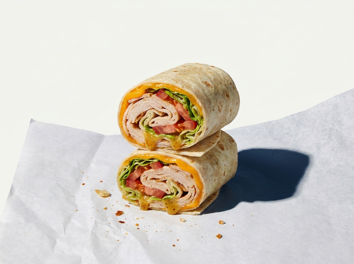 Honey Maple Wrap: Honey maple turkey, cheddar cheese, lettuce, tomato with honey mustard dressing