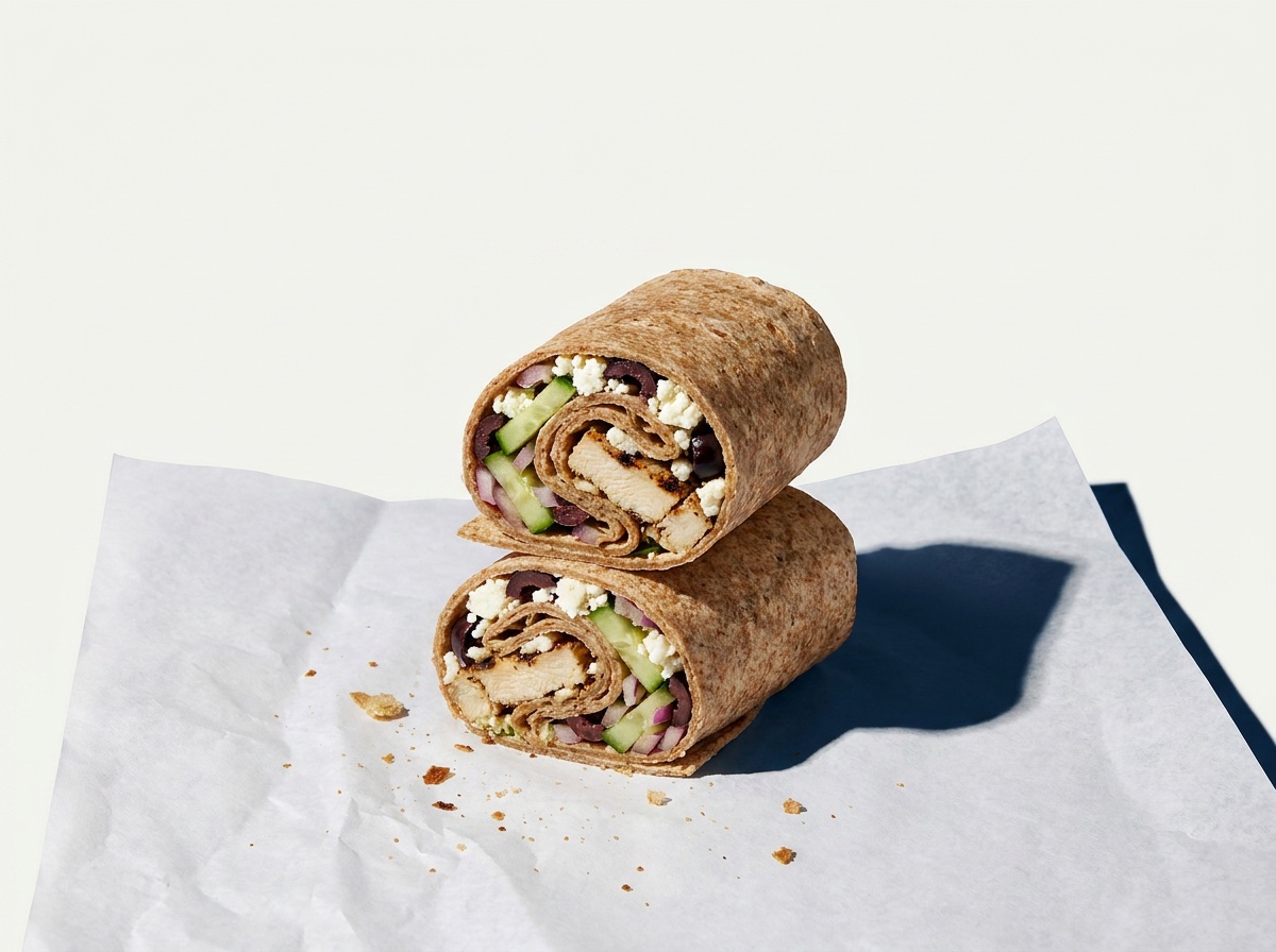 Mediterranean Wrap: Grilled chicken, feta cheese, cucumber, black olives, red onions with creamy balsamic